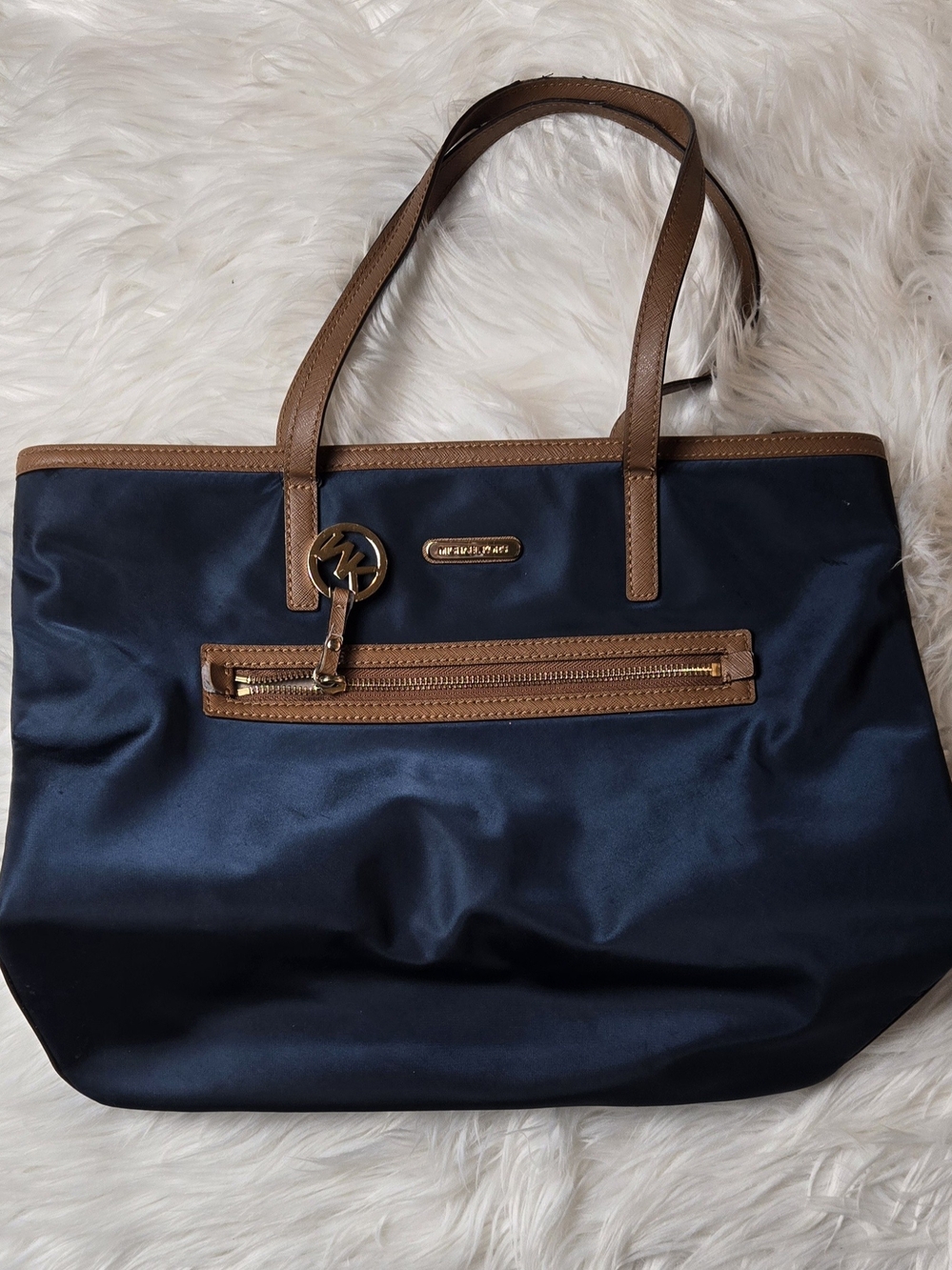 Michael Kors Navy Nylon Tote with Brown Trim and Gold Accents